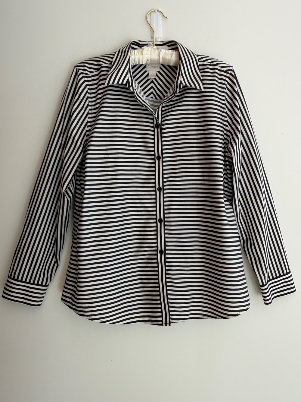 CHICO'S Shirt Non-Iron Long Sleeve Button Front 100% Cotton Stripes Office Chic